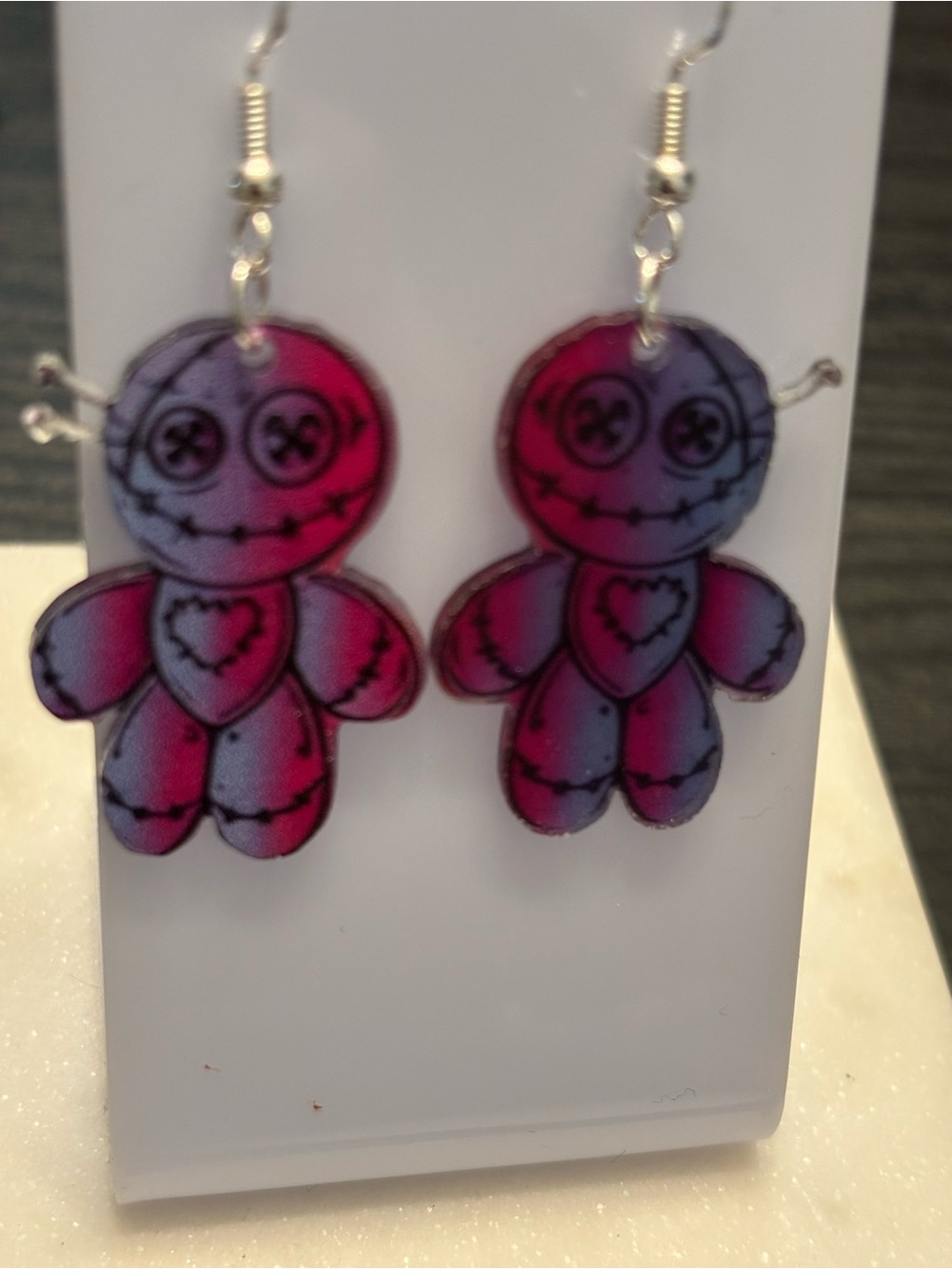 Voodoo Doll Acrylic Earrings | Button Eyes Stitched Heart | Pink Blue Gothic